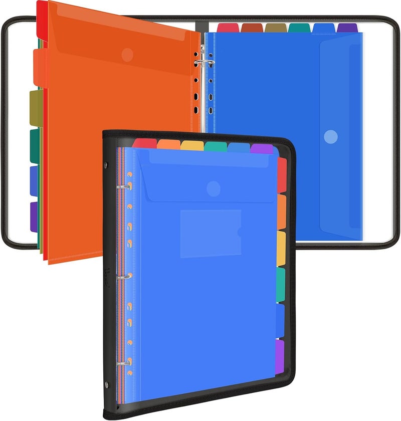 Uquelic Document Organizer, Soft PVC Binder with 12 Colorful Pockets - Zipper Binder 3 Ring with Dividers Letter Size (11'' x 8.5'')-Large Capacity Cute Folder for School, Office & Home Use​ (Black) - Image 1